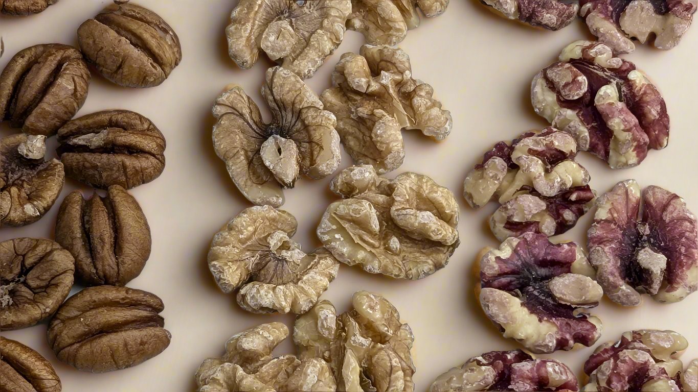 Close-up of a variety of shelled nuts displayed on a white ceramic surface. The top row contains walnuts with dark reddish tones, the middle row has lighter brown walnuts, and the bottom row features dark brown junior pecans.