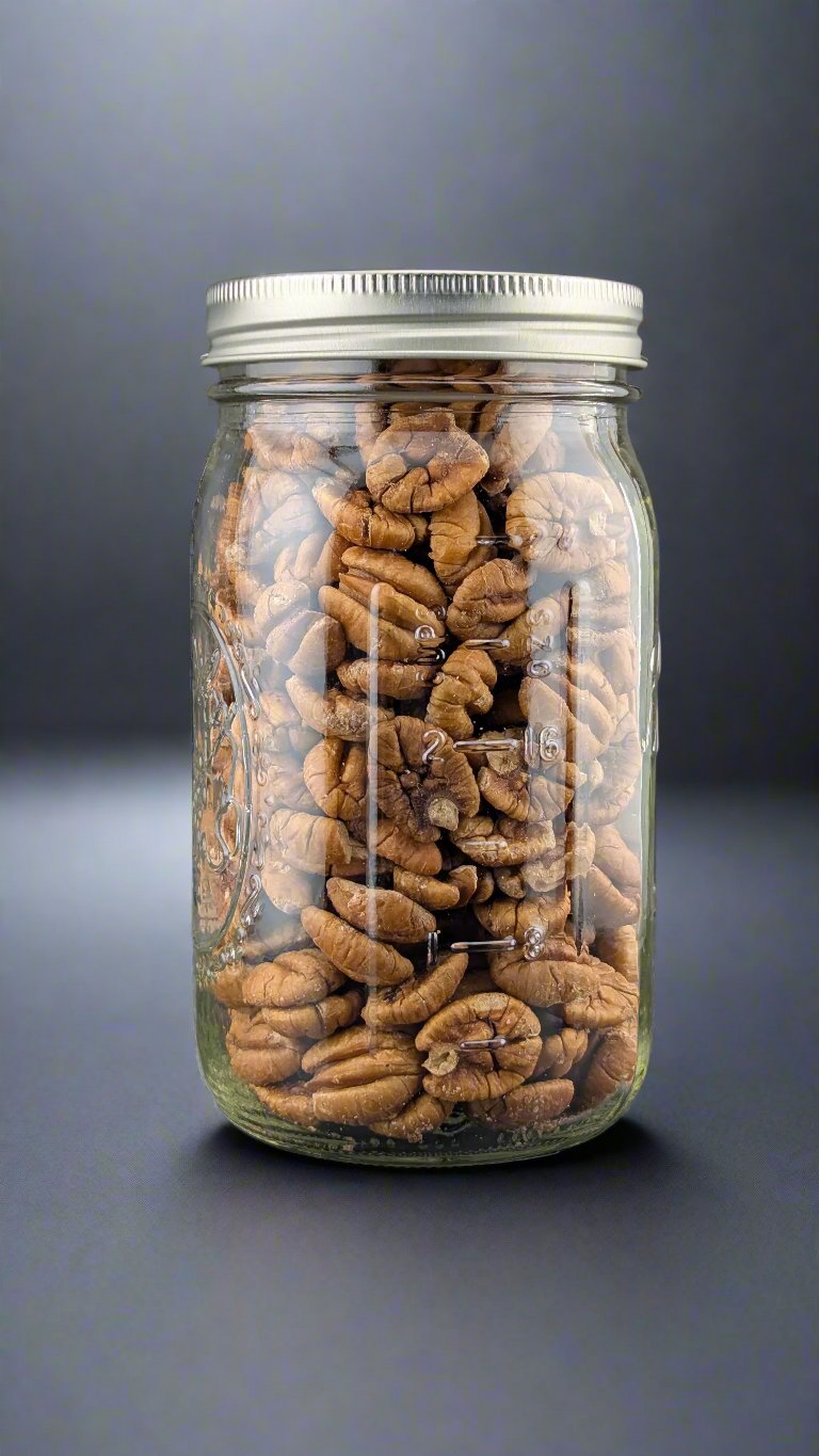 A glass jar with a metal lid contains organic Infused Elliot Pecans, showcasing their texture and color against a softly lit dark background, hinting at their light sea salt infusion.