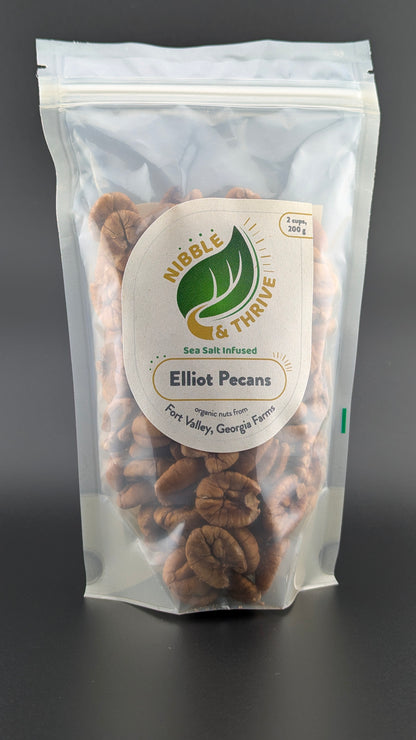 A transparent, resealable Nibble & Thrive bag displays Infused Elliot Pecans with light sea salt, highlighting organic nuts from Fort Valley, Georgia Farms. The nutritious snack is visible against a dark background.