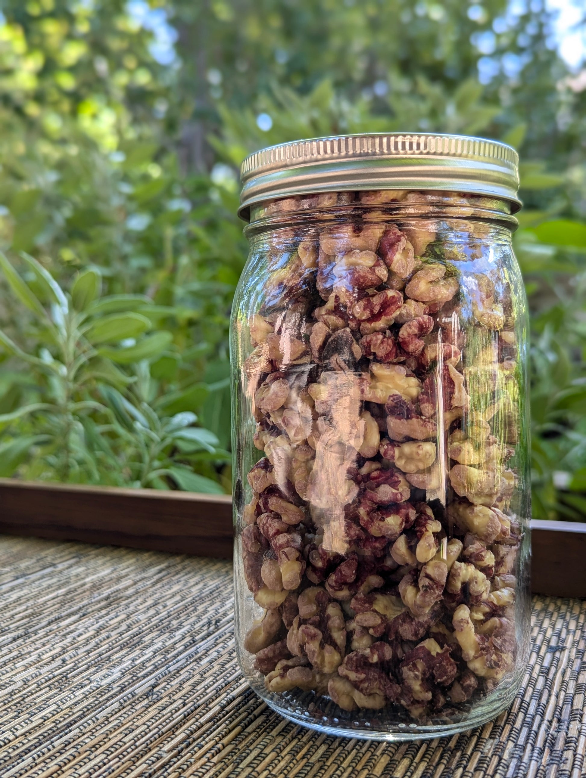 A Mason Jar (Ball) filled with shelled walnuts rests on a woven mat, set against a lush, green outdoor backdrop with blurred plants. Sunlight filters gently through the leaves overhead, highlighting the jars metal lid and evoking tranquil garden vibes.