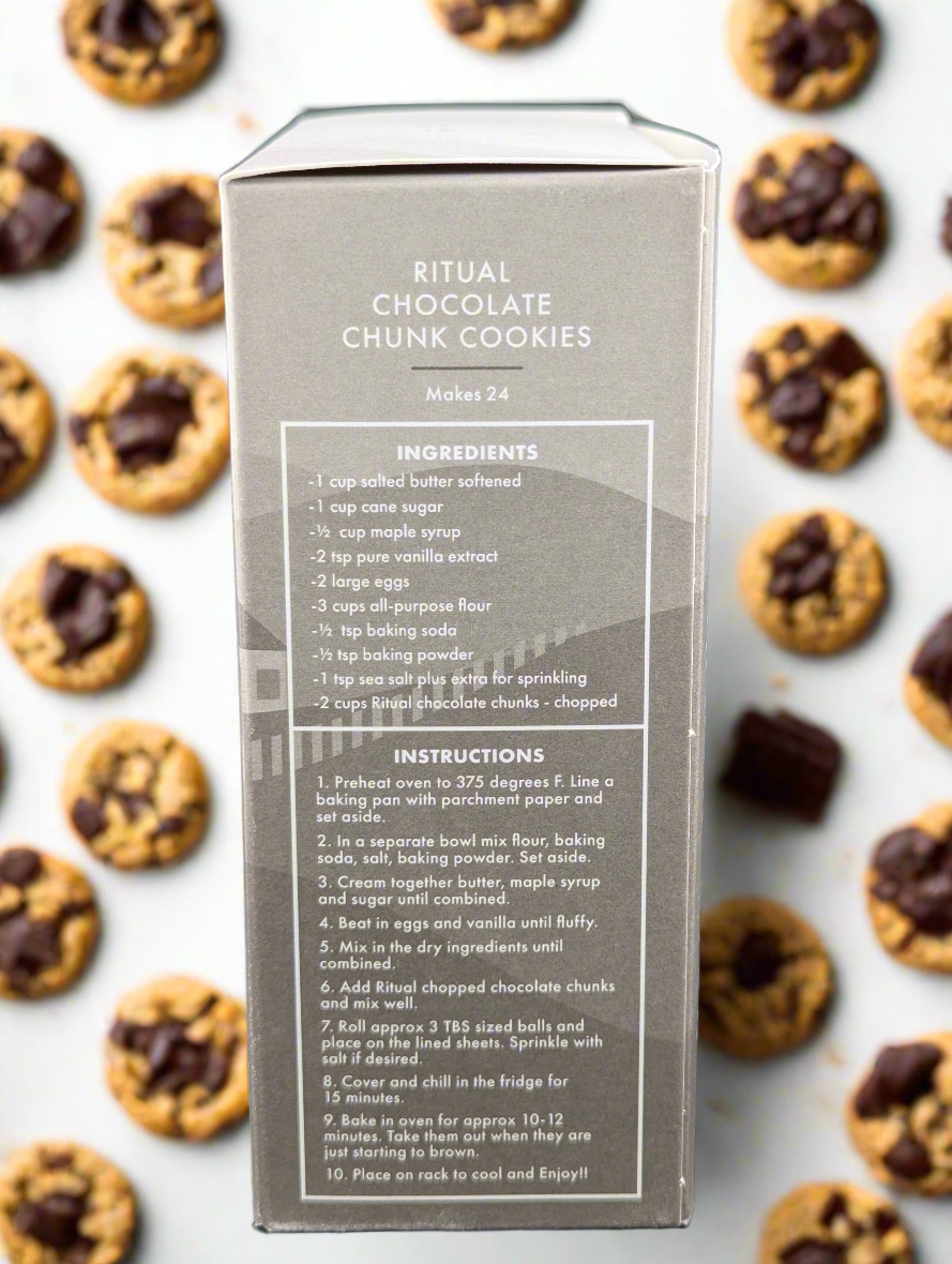 The recipe box image for Ritual Chocolate Chunk Cookies details ingredients like butter, sugar, maple syrup, and vanilla extract, featuring Ritual Chocolate Chunks - Chefs Blend 65% for a rich flavor. It includes instructions on mixing, baking with flour and baking powder, then serving with organic cacao beans.